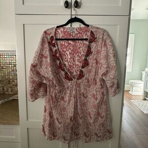 Umgee Pink and White Patterned Tunic with Beaded Neckline